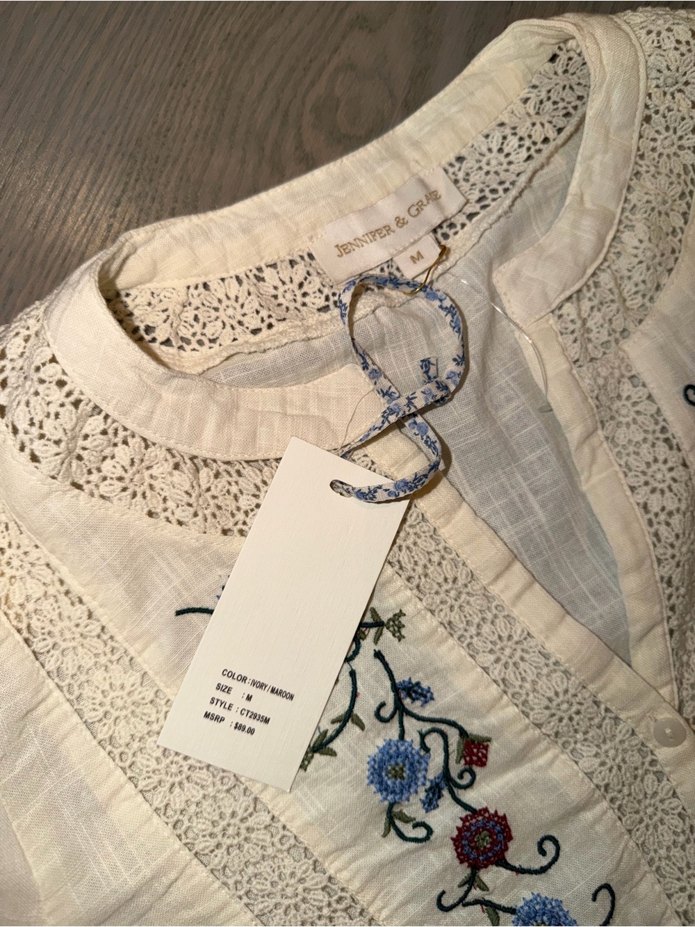 Jennifer & Grace Embroidered Boho Cotton Blouse – Ivory – Size Medium – NWT - Picture 4 of 6